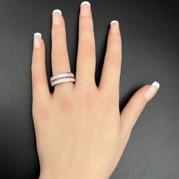 Yellow Gold with Pink Sapphire Crystal Milgrain Band Ring Size 11 - Picture 7 of 9